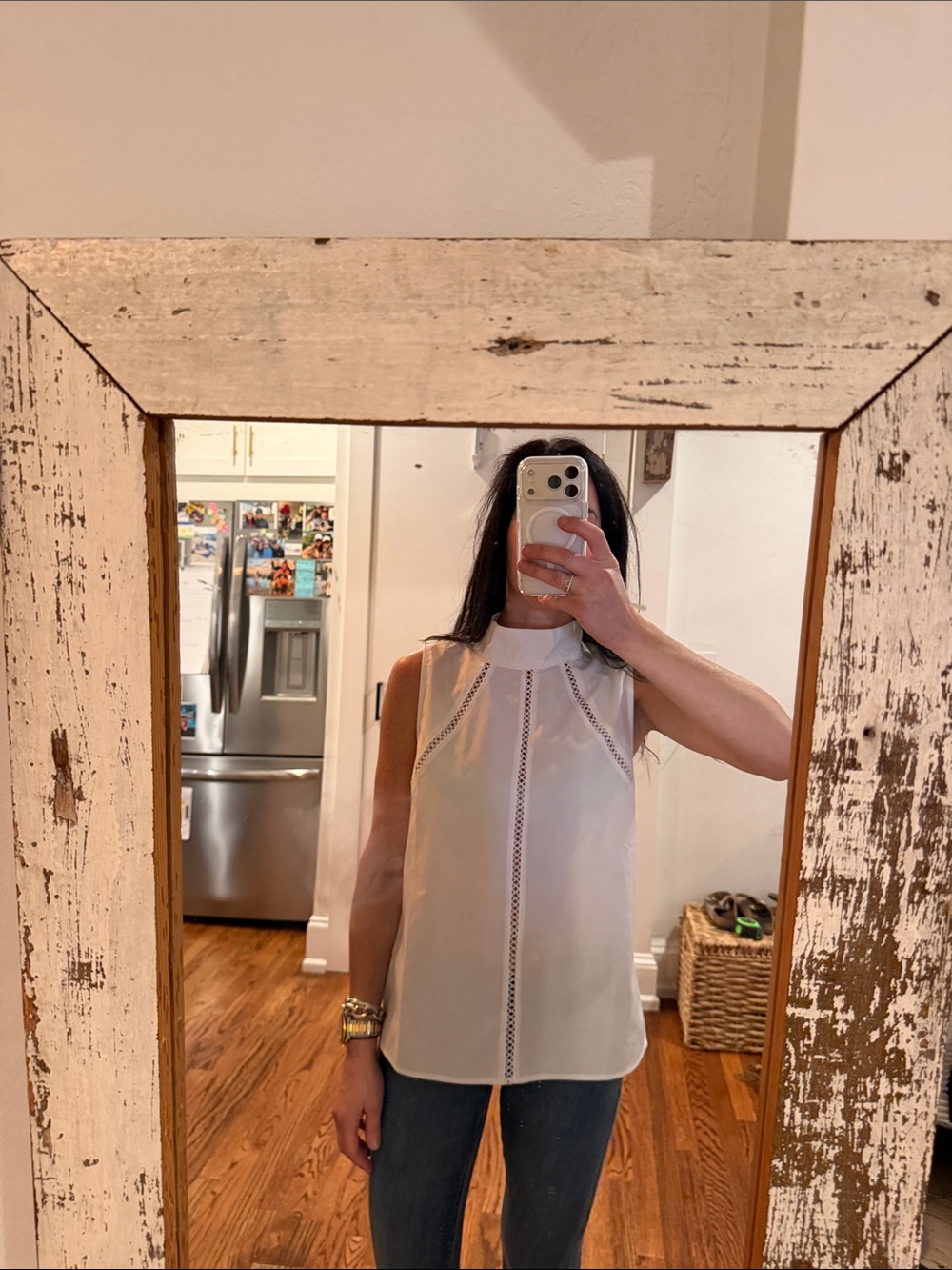 Women's White Sleeveless Lace-Trim Mock Neck Top